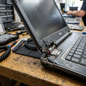 Laptop deteriorat, cu balamaua ecranului ruptă și firele expuse pe bancul de lucru.